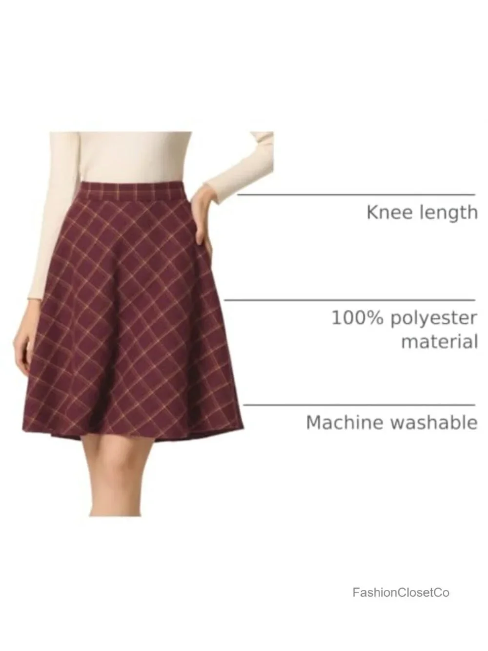Vintage Plaid A-Line Skirt – Elastic Waist, Knee Length, Fully Lined